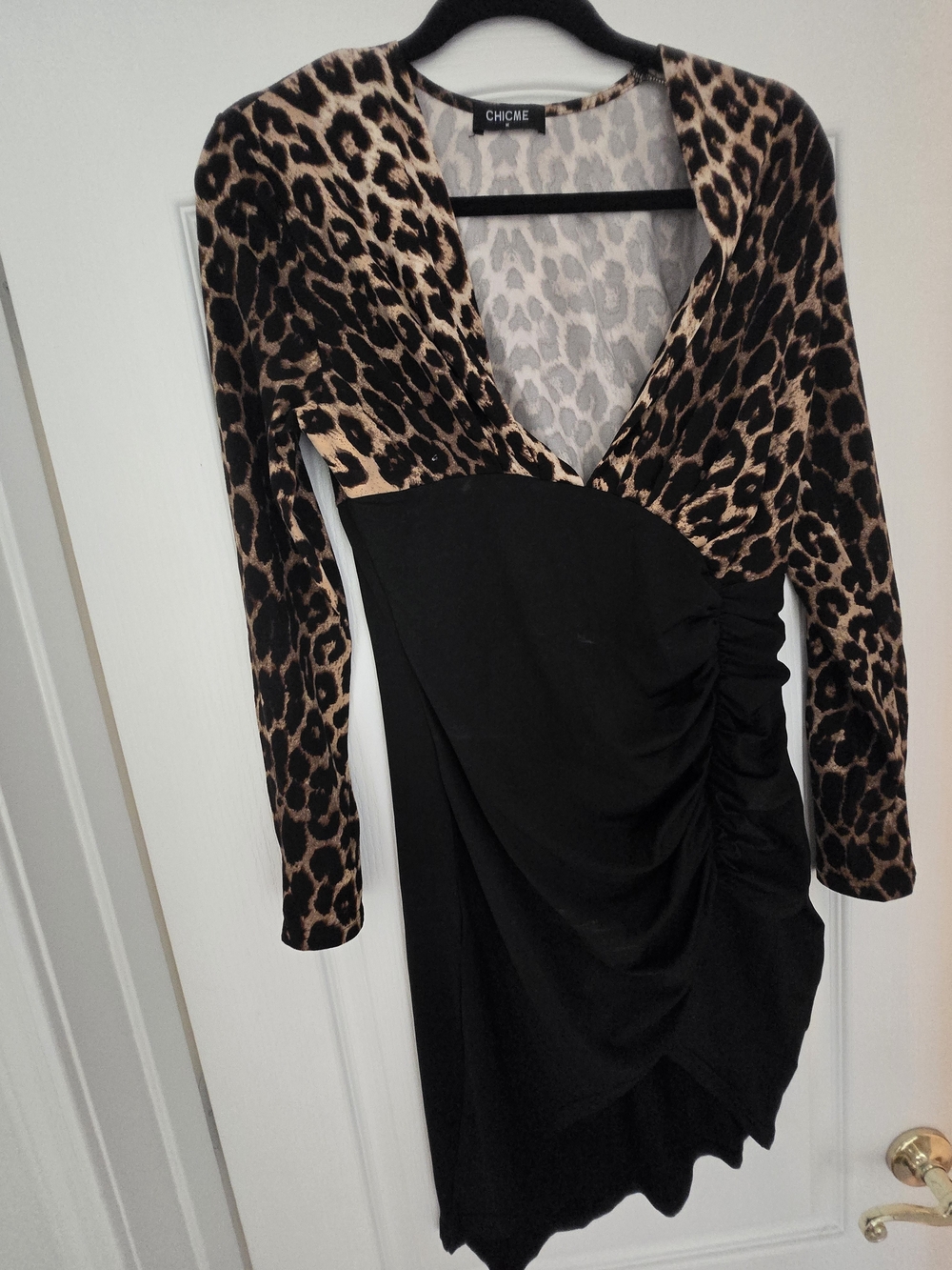 Chicme Leopard Print & Black Ruched Wrap Dress